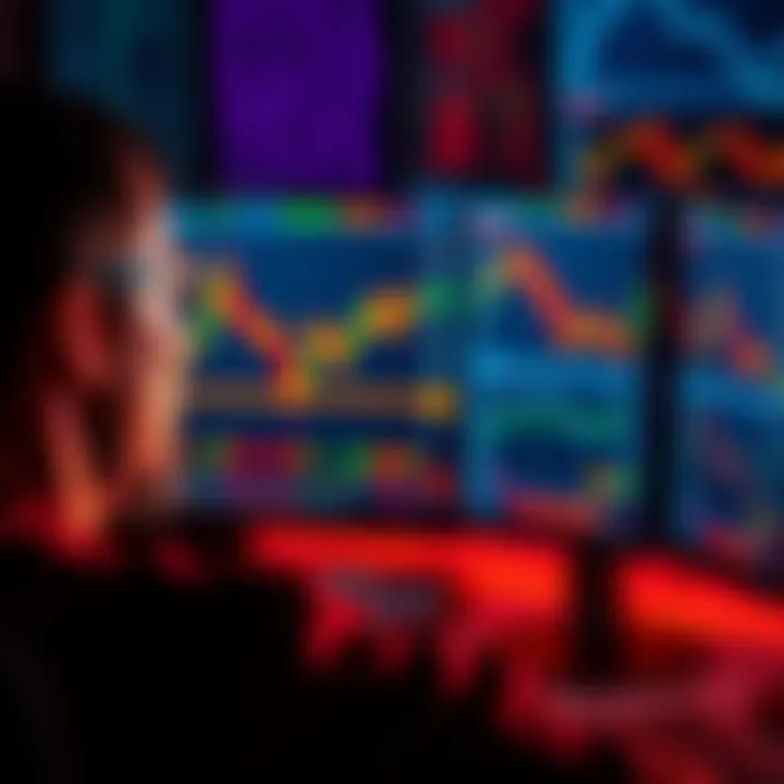 Person staring at trading charts A focused individual looking at multiple trading charts on a computer screen, reflecting their financial struggles and determination