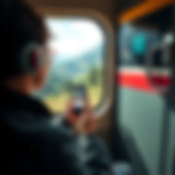 A traveler enjoying a scenic train ride with a view of lush countryside, showcasing train bonuses like discounts and rewards on their phone.