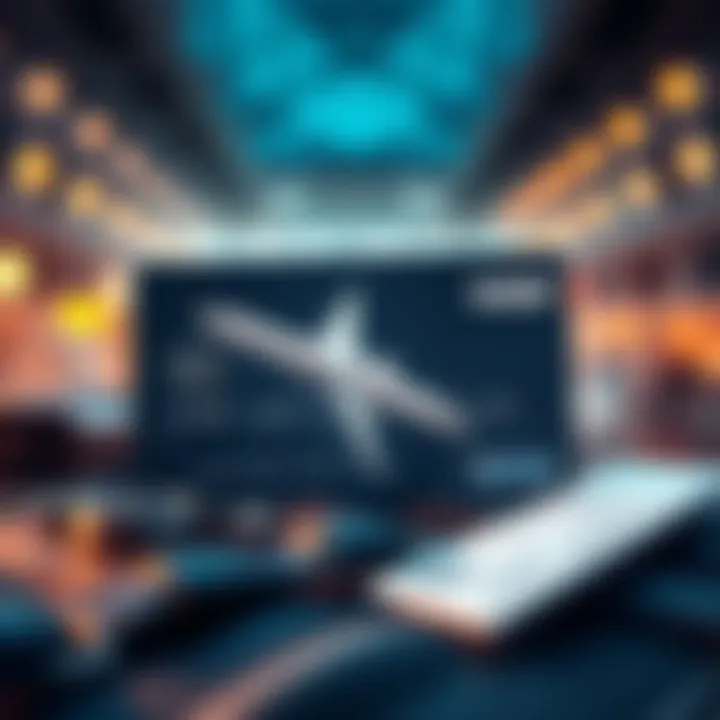 A credit card with an airplane symbol and travel-related items like luggage and tickets