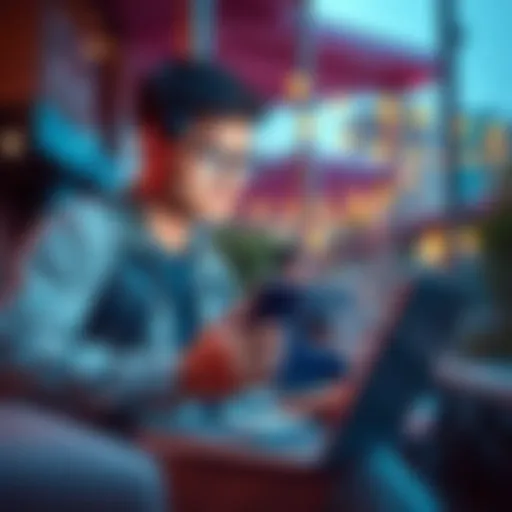 A traveler looks at a laptop and a smartphone, pondering whether to book through a host or an app for their stay.