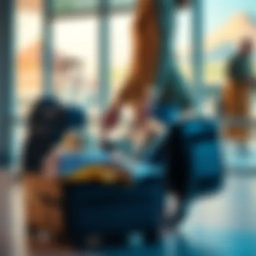 A person packing a suitcase with travel essentials like clothes and travel guides, preparing for a trip
