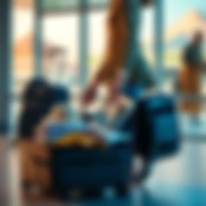 A person packing a suitcase with travel essentials like clothes and travel guides, preparing for a trip