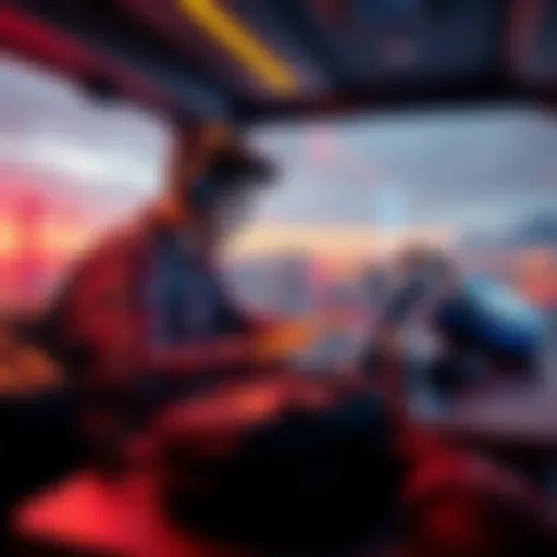 A person using a laptop to play games while sitting at a table with travel gear nearby