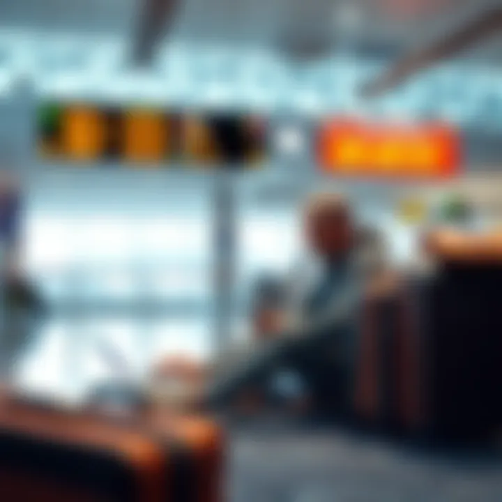 A person sitting at an airport terminal, typing on a laptop with travel bags beside them, showing a balancing act between travel and work.