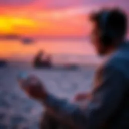 A person enjoying mobile gaming on a smartphone while sitting at a beach in Bulgaria.
