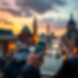 A person using a smartphone to place bets while traveling abroad, with landmarks in the background, showcasing connectivity while on the go.
