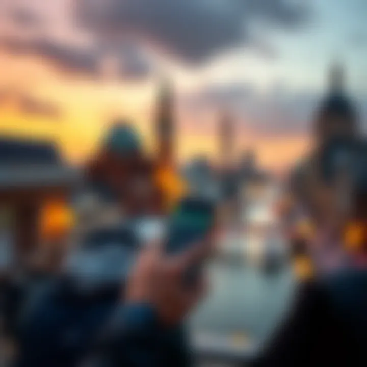 A person using a smartphone to place bets while traveling abroad, with landmarks in the background, showcasing connectivity while on the go.
