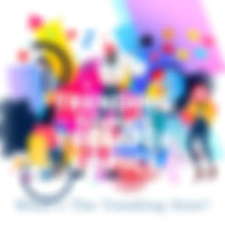 A colorful collage representing various trending topics like social media, fashion, and technology. People engaging in discussions around these themes.