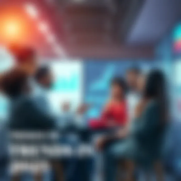 A group of diverse people discussing trends in a modern setting, surrounded by charts and social media icons.