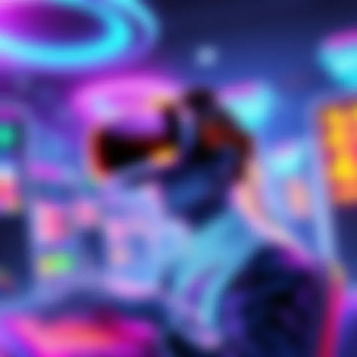 A futuristic illustration showing advanced online gambling technology with virtual reality headsets and digital casino games.