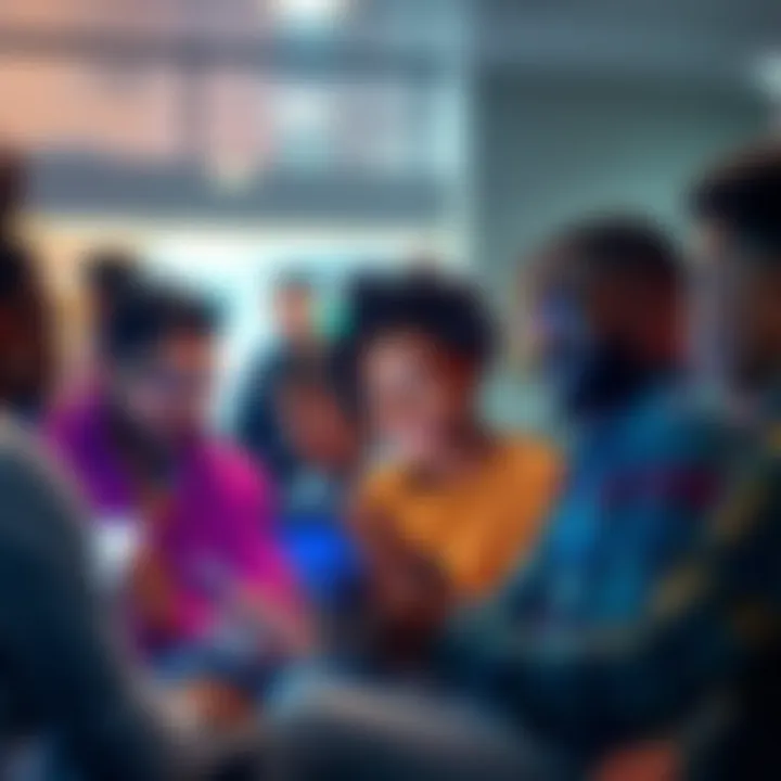 A group of diverse people engaged in an online chat using various devices, highlighting new trends in social communication.