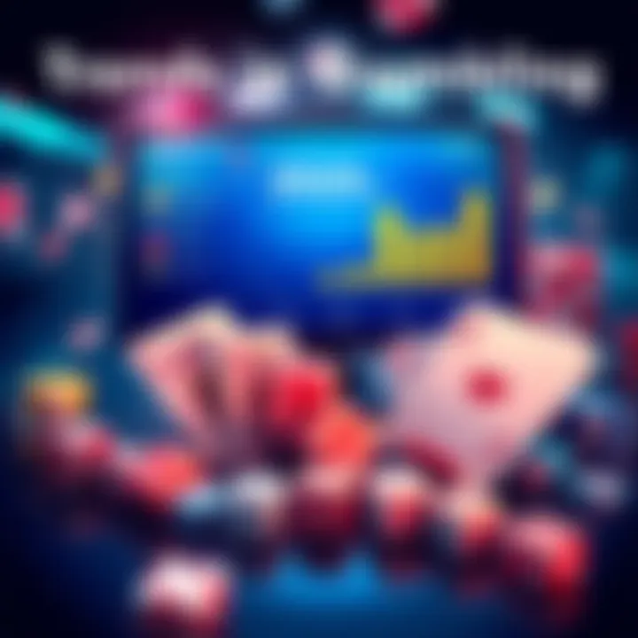 Trends in Online Gambling 2025 An illustration showing various online gambling elements like cards, dice, and a digital screen displaying statistics and trends in 2025.