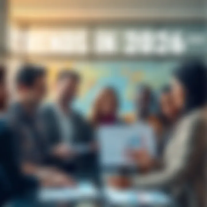 A group of diverse people discussing future trends in a modern setting, looking at charts and graphs, with expressions of curiosity and optimism.