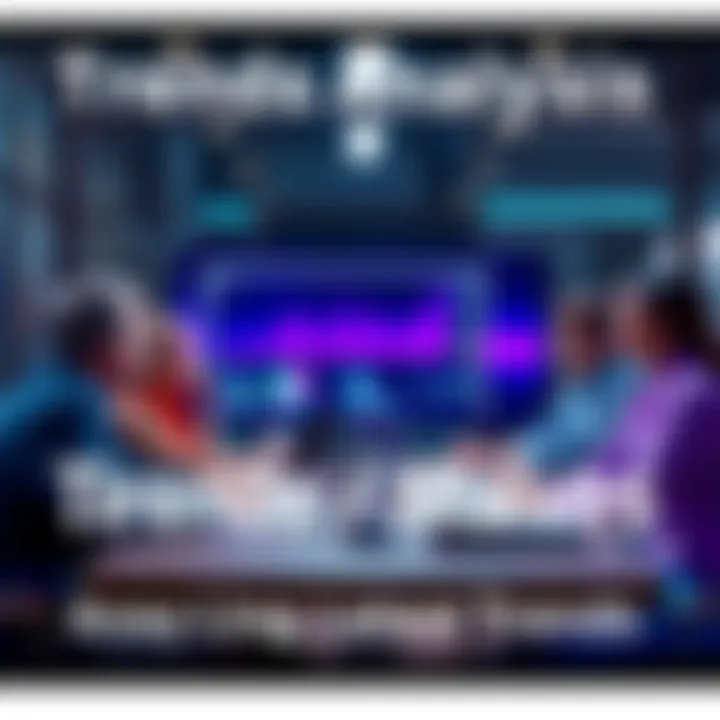 A group of people discussing trends around a table with charts and graphs on a screen in the background.
