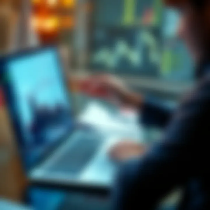 Trends Analysis A business person analyzing declining trends on a graph with a laptop and notes in the background.
