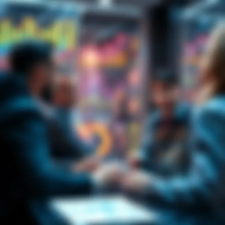 People discussing trends in 2025 with charts and graphs in the background