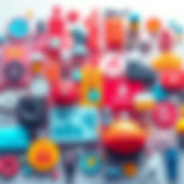 A collage of various industry symbols representing the latest market trends, including technology, fashion, and food.