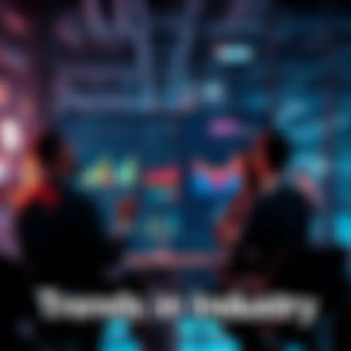 A group of business professionals discussing current industry trends with charts and graphs on a screen.