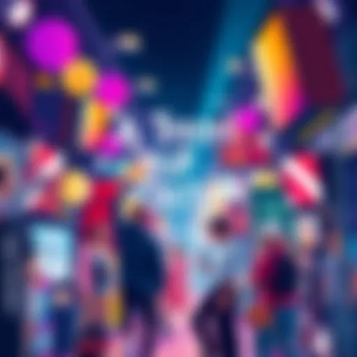 A colorful collage of popular culture elements like music, movies, and fashion, showcasing current trends and interests.