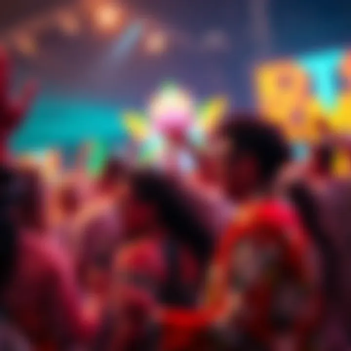 A vibrant scene showing diverse people enjoying music at a festival, dancing and celebrating together.