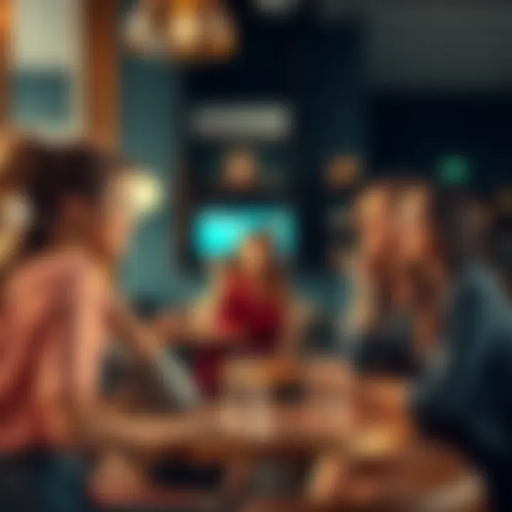 A group of stylish women discussing the latest fashion and cultural trends at a café