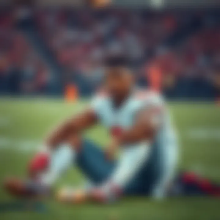 Treveyon Henderson sitting on the grass after getting injured during a game, looking concerned