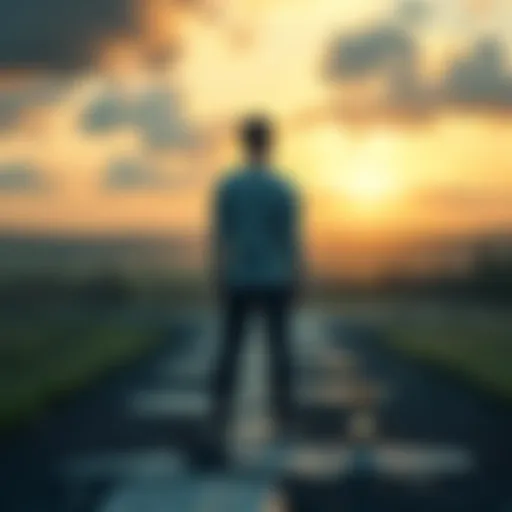 A person stands at a crossroads, looking contemplative, with one path leading to a trophy and the other to broken pieces, representing the struggles of winning and losing in life.