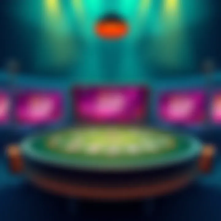 A digital illustration showing a poker table with cards and trivia questions on screens, showcasing the mix of strategy and knowledge in the game.