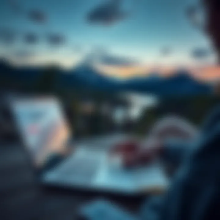 A person using a laptop and notebook to solve a problem, with Alberta's nature in the background