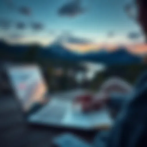 Troubleshooting Issues in Alberta A person using a laptop and notebook to solve a problem, with Alberta's nature in the background