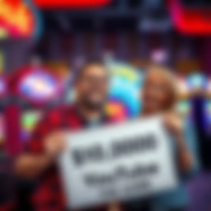 Troy Gambles and his wife celebrating a win Troy Gambles and his wife smile joyfully in front of a slot machine, holding a sign that reads $100,000 winning claim.