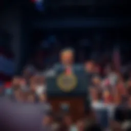 Donald Trump speaking at a podium with a large audience in front of him during a political rally