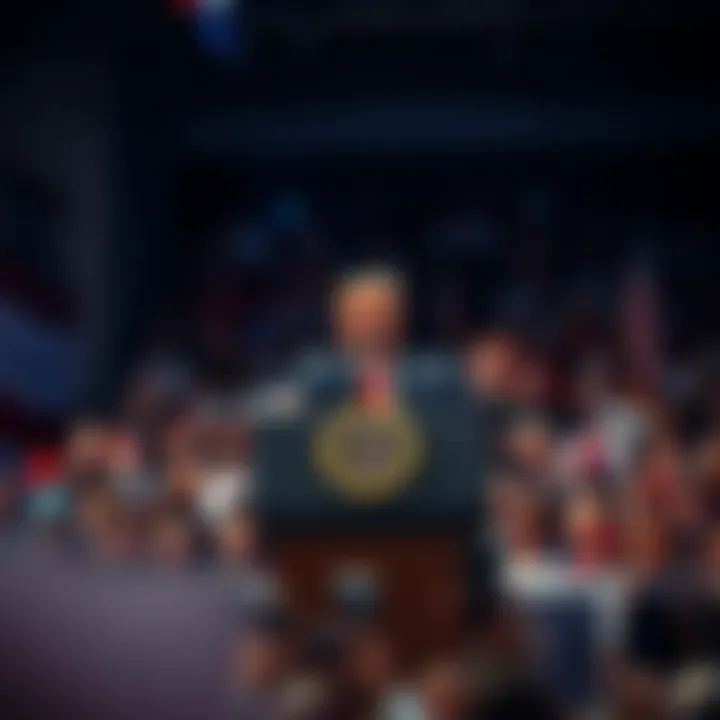Donald Trump speaking at a podium with a large audience in front of him during a political rally