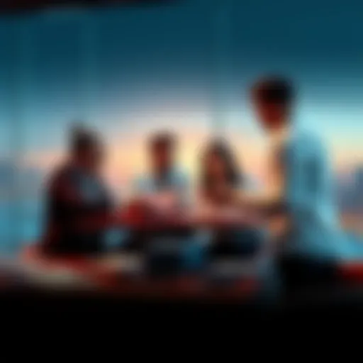 A group of professionals discussing investment strategies, with charts and graphs on a table.