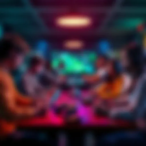 A group of diverse people discussing safe gaming sites at a table with laptops and game controllers