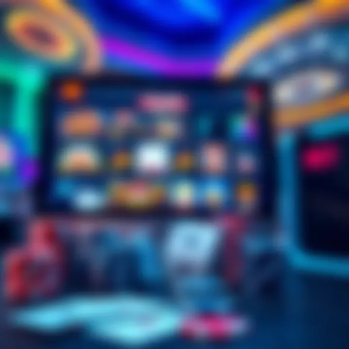 A computer screen displaying a selection of online casino games with poker chips and cards in the foreground