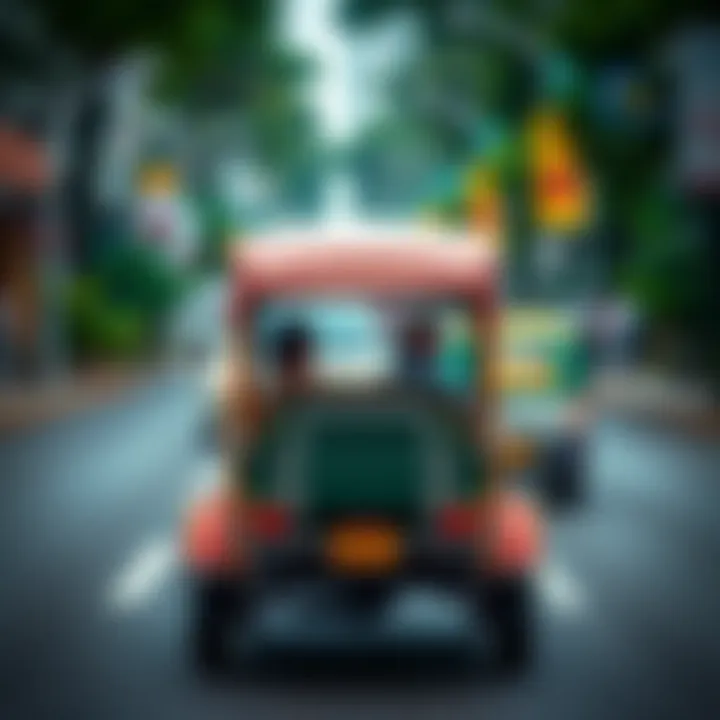 A colorful Tuk Tuk parked, ready to pick up passengers in a busy area