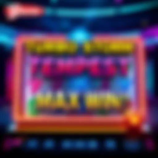 A colorful graphic showing the Turbo Storm Tempest slot machine with bright symbols and the max win message displayed prominently.