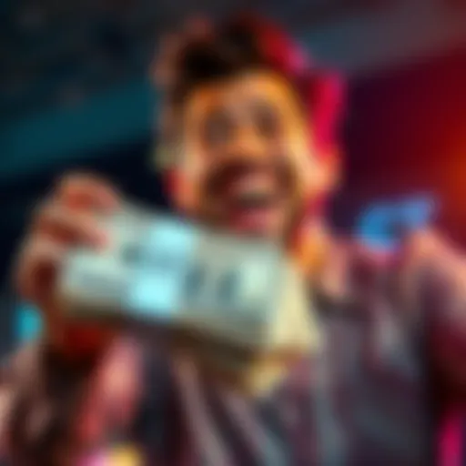 A person holding a stack of cash with a joyful expression, symbolizing big wins from small investments.