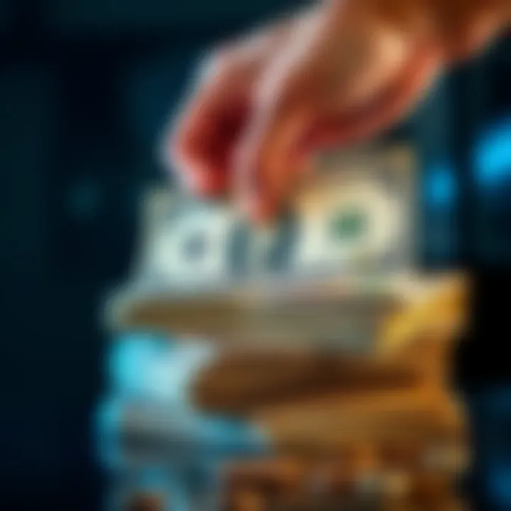 A stack of cash representing the journey from ten dollars to one thousand dollars, with a hand holding a ten-dollar bill.