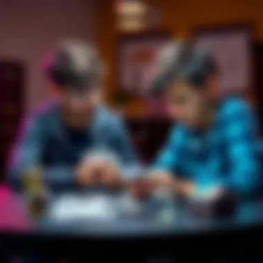Tutor and Student Learning Together A tutor sitting with a fifth grader at a table, showing playing cards and discussing compound probability, with a concerned expression on their face.