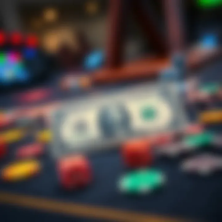 A two dollar bill placed on a gaming table surrounded by colorful chips and dice, symbolizing fun ways to spend small amounts in gaming accounts.