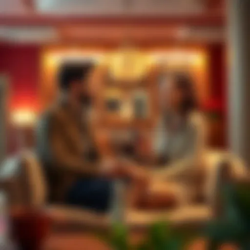 Two friends talk about sharing room rewards in a cozy hotel lobby