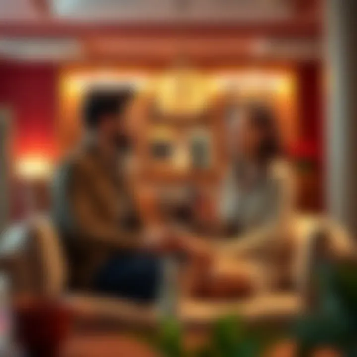 Two friends talk about sharing room rewards in a cozy hotel lobby