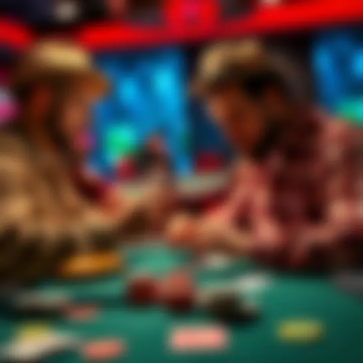 Two players intensely focus on their cards in a high-stakes game, with chips and a game board in view.