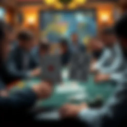 A poker dealer showing two royal flush hands on a table, with one hand facing a full house and the other against a straight, surrounded by curious players.