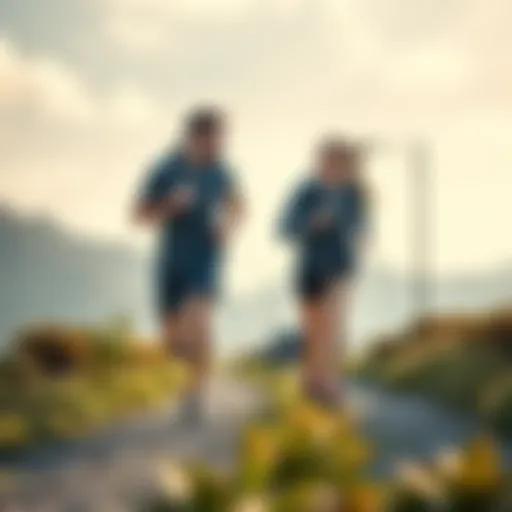 A man and woman running side by side on a scenic trail, engaged in conversation about their running experiences and teamwork.