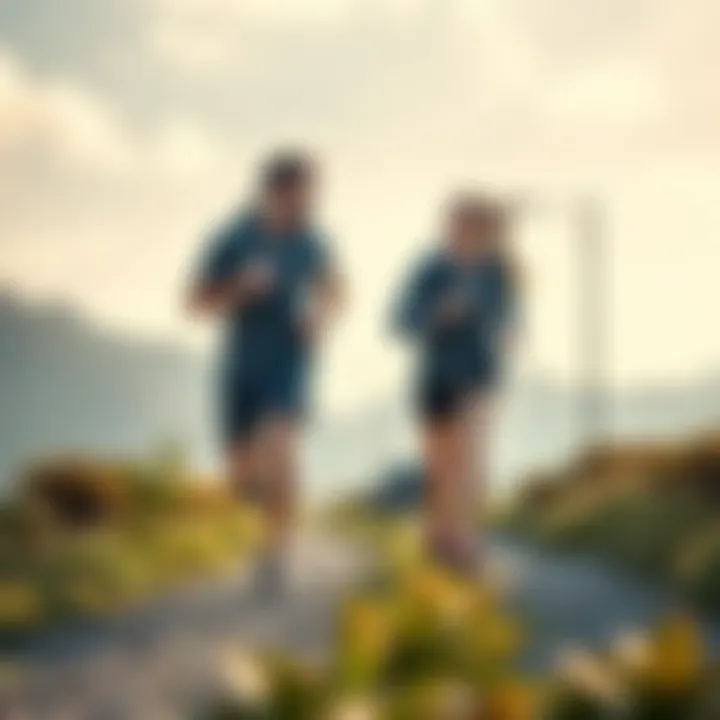 Two runners discussing on a trail A man and woman running side by side on a scenic trail, engaged in conversation about their running experiences and teamwork.