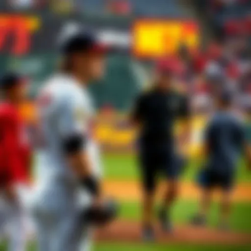 MLB pitcher Tyler Glasnow showing signs of discomfort during a game due to back pain, surrounded by teammates and medical staff.