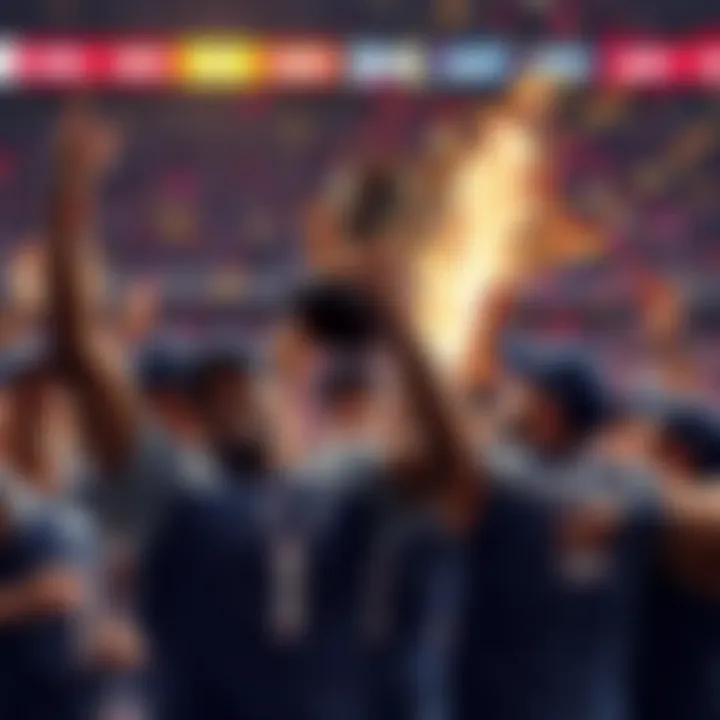 UConn Team Celebrating Victory UConn players celebrating their championship win with a trophy and fans in the background